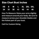 Size chart for Legendary Miss America women's leather jacket with bust measurements and fitting guide