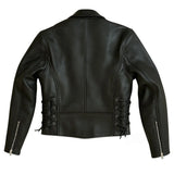 Back view of Legendary Miss America women's leather jacket with lace-up sides and zip cuffs, made in USA