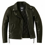 Women's Legendary Miss America black leather motorcycle jacket shown open with quilted lining, made in USA