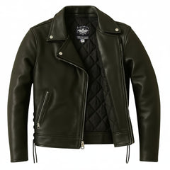 Women's Legendary Miss America black leather motorcycle jacket shown open with quilted lining, made in USA