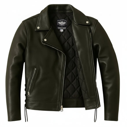 Women's Legendary Miss America black leather motorcycle jacket shown open with quilted lining, made in USA