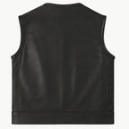 Rear view of the Legendary Neckless Outlaw men's leather motorcycle vest, Made in USA, featuring smooth black leather and clean panel