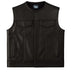 View of the Legendary Neckless Outlaw men's leather motorcycle vest, Made in USA, showing front design with chest pockets and premium black