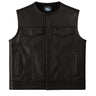 View of the Legendary Neckless Outlaw men's leather motorcycle vest, Made in USA, showing front design with chest pockets and premium black leather