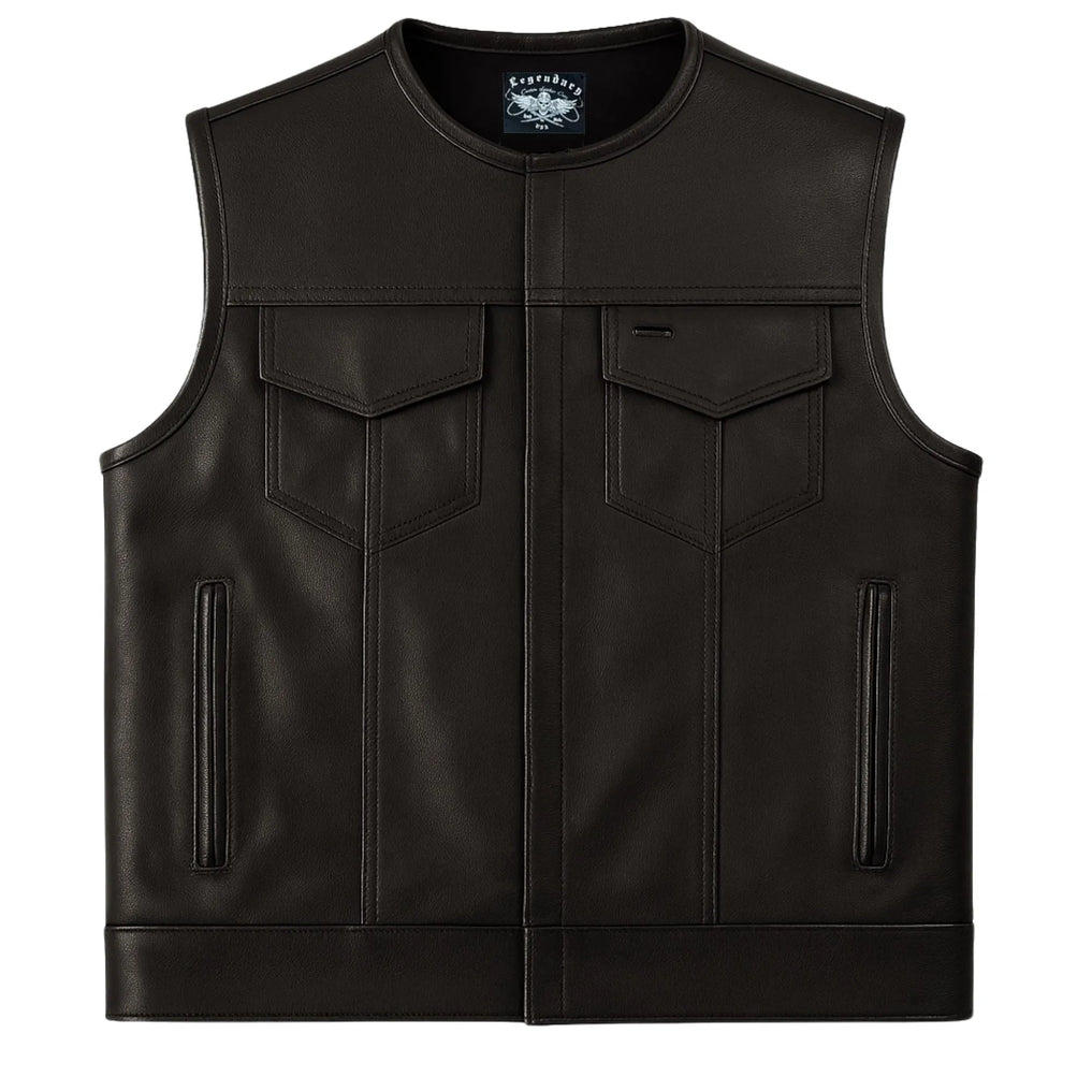 View of the Legendary Neckless Outlaw men's leather motorcycle vest, Made in USA, showing front design with chest pockets and premium black