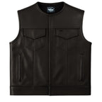 View of the Legendary Neckless Outlaw men's leather motorcycle vest, Made in USA, showing front design with chest pockets and premium black