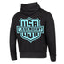 Back view of Legendary black hoodie with bright blue USA Legendary shield design