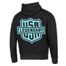 Back view of Legendary black hoodie with bright blue USA Legendary shield design