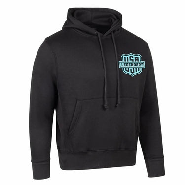 Legendary black motorcycle hoodie with blue USA shield logo on chest and kangaroo pocket