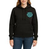 Female model wearing Legendary black hoodie with blue USA shield logo, front view