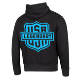 Back view of Legendary black hoodie with large cyan USA Legendary shield graphic