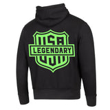 Legendary motorcycle hoodie in black with bold neon green USA Legendary logo on back