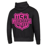 Back view of Legendary black hoodie with large pink USA Legendary shield logo
