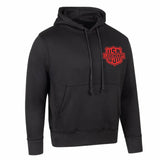Legendary black motorcycle hoodie with red USA shield logo on chest and drawstring hood