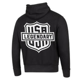 Back view of Legendary black hoodie with striking white USA shield logo graphic
