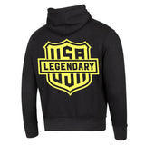 Alternate back view of black Legendary hoodie with neon yellow USA shield logo