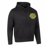 Front of Legendary motorcycle hoodie in black with alternate yellow shield chest logo