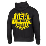 Back of black Legendary hoodie with large yellow USA shield logo, Made in USA