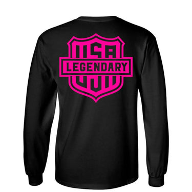 Back view of black long sleeve shirt with large hot pink Legendary USA shield logo, made in USA