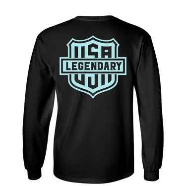 Back view of black long sleeve shirt with large light blue Legendary USA shield logo, made in USA
