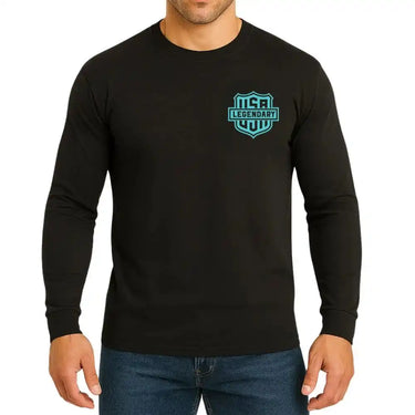Black long sleeve shirt with light blue Legendary USA shield logo on chest, shown on model, made in USA