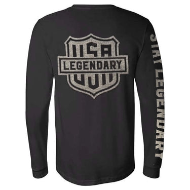 Back view of Legendary Night Owl riding shirt featuring large reflective USA Legendary logo and Stay Legendary text on sleeve
