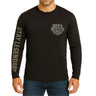 Front view of Legendary Night Owl long sleeve black riding shirt with reflective USA Legendary logo and Stay Legendary text on sleeve