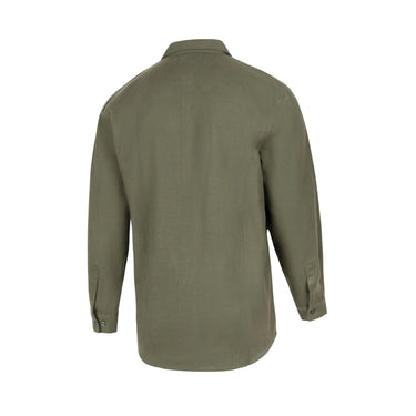 Back view of Legendary OG olive drab flannel riding shirt showing durable heavyweight construction and clean finish, made in USA