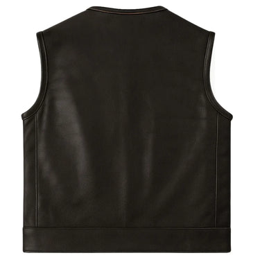 Back view of Legendary Outlaw men’s leather motorcycle vest with clean single-panel back, made in USA