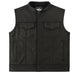 Legendary Outlaw men's leather motorcycle vest front view with snap closure and chest pockets, made in USA