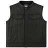 Legendary Outlaw men's leather motorcycle vest front view with snap closure and chest pockets, made in USA