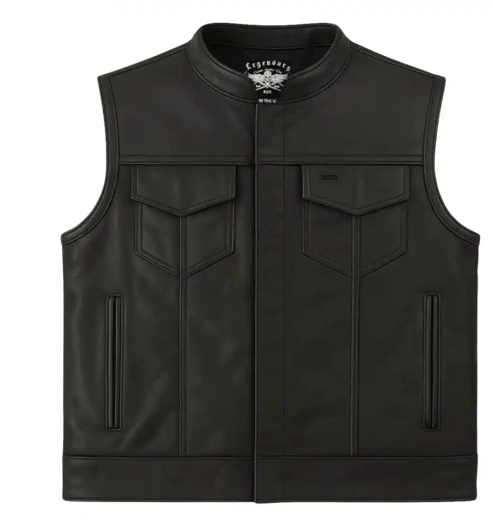 Legendary Outlaw men's leather motorcycle vest front view with snap closure and chest pockets, made in USA