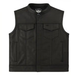 Legendary Outlaw men's leather motorcycle vest front view with snap closure and chest pockets, made in USA