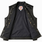 Interior view of Legendary Outlaw men’s leather motorcycle vest showing lining and snap construction, made in USA