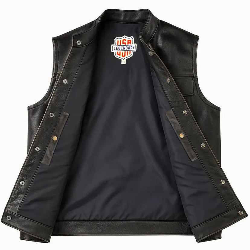 Interior view of Legendary Outlaw men’s leather motorcycle vest showing lining and snap construction, made in USA