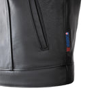 Close-up of Legendary USA Made in USA woven tag on Outlaw men’s leather motorcycle vest