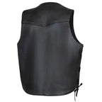 Back view of Legendary Peacekeeper men’s vintage leather motorcycle vest with classic yoke and side lace adjustment, made in USA
