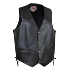 Legendary Peacekeeper men's vintage leather motorcycle vest front view with snap button closure and gun pockets, made in USA