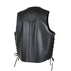Back view of Legendary 'Peacemaker' leather vest showing full grain leather panel with western yoke design, Made in USA