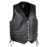 Angled front view of Legendary 'Peacemaker' men's leather motorcycle vest featuring buffalo nickel snaps and clean western styling, Made in USA