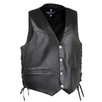 Angled front view of Legendary 'Peacemaker' men's leather motorcycle vest featuring buffalo nickel snaps and clean western styling, Made in USA