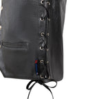 Close-up of side lacing and Legendary USA tag on the Peacemaker men's leather vest, Made in USA