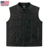 Legendary Reckless Outlaw men’s aged leather motorcycle vest front view with snap closure and chest pockets, made in USA