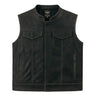 Legendary Reckless Outlaw men's aged leather motorcycle vest front view with snap closure and chest pockets, made in USA