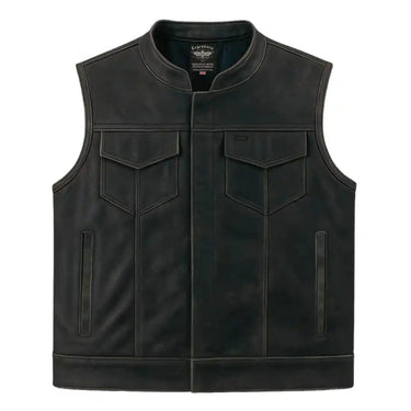 Legendary Reckless Outlaw men's aged leather motorcycle vest front view with snap closure and chest pockets, made in USA