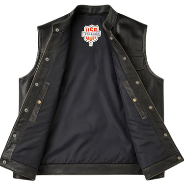 Interior view of Legendary Reckless Outlaw men’s aged leather motorcycle vest showing lining and pocket construction, made in USA