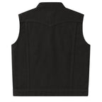 Back view of Legendary Revolution men’s denim motorcycle vest showing clean panel construction, made in USA