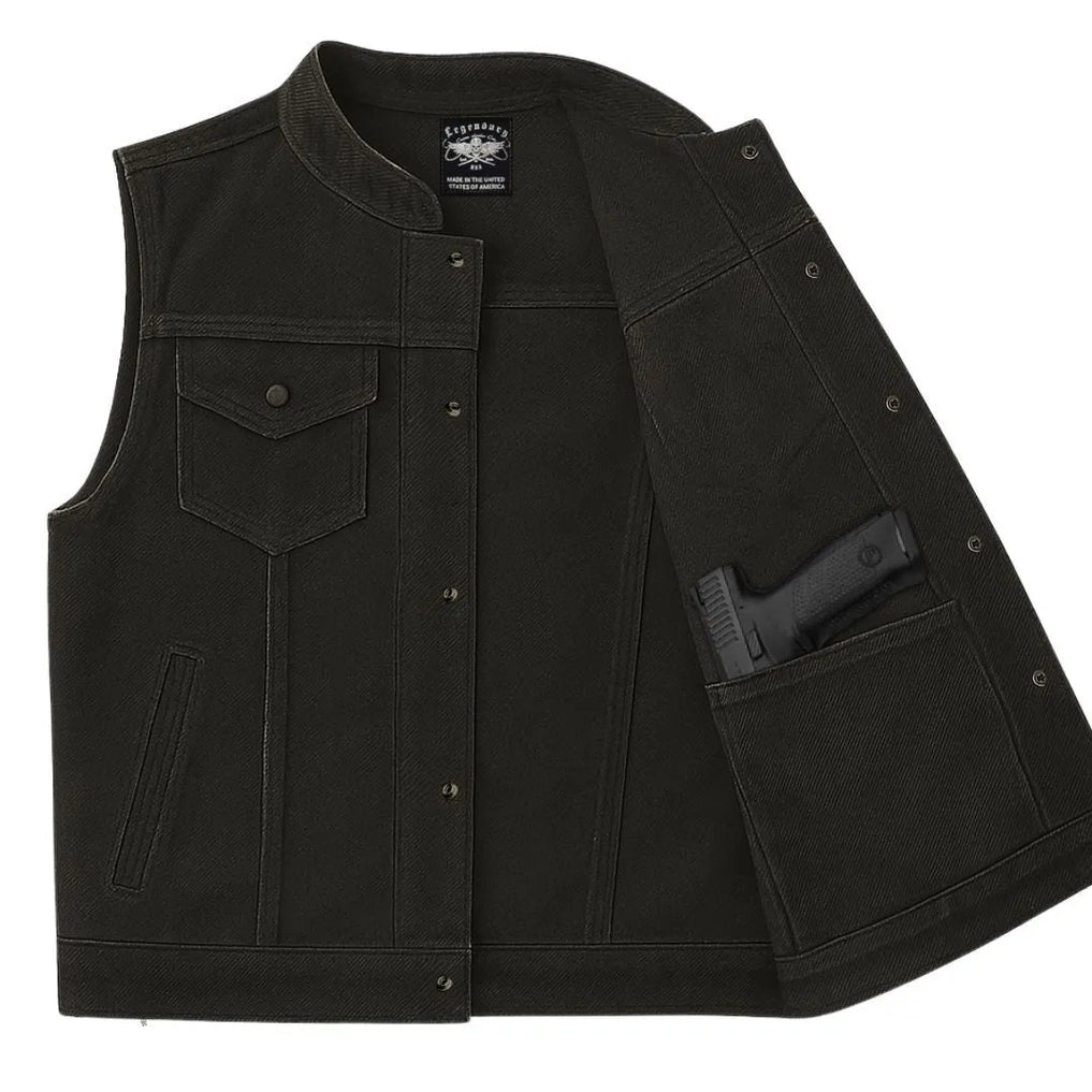 Interior view of Legendary Revolution men’s denim motorcycle vest with concealed carry pocket, made in USA