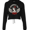 Front view of Legendary USA Stay True women's cropped lightweight hoodie with tattooed pinup and wings graphic on black fabric, made in USA