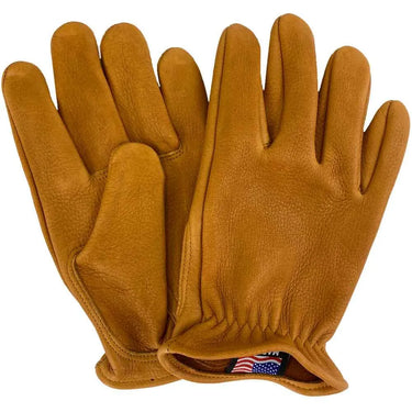 Alternate angle of Legendary USA tan deerskin short wrist gloves with American flag tag visible inside the cuff
